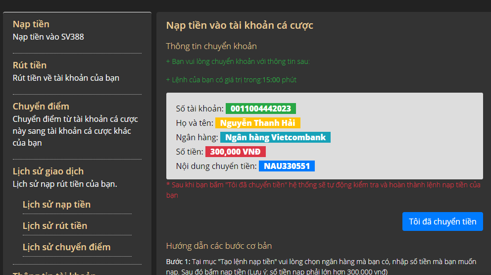 Hướng dẫn nạp tiền SV388 Nạp tiền nhanh chóng và dễ dàng